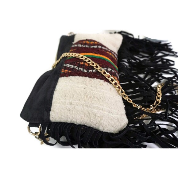 Handira Fringe Bag: Moroccan Kilim, Suede Leather Clutch - Picture 8 of 9